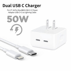 IPHONE 14 Pro 2 Pin (US PIN) 50W USB-C+C POWER Adapter With USB-C TO LIGHTINING CABLE
