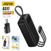 ASPOR A317 22.5W 30000MAH FAST CHARGING POWER BANK WITH 3 CABLES BLACK