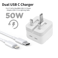 Iphone 14 Pro 3 Pin (uk Pin) 50w Usb-c+c Power Adapter With Usb-c To Lightining Cable
