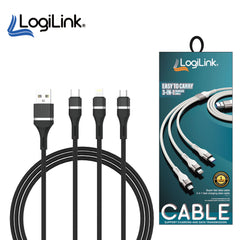 LOGILINK 3IN1 USB TO MICRO/TYPE C/IPHONE NYLON DATA CABLE 6A FAST CHARGING 1M 1 YEAR WARRANTY BLACK
