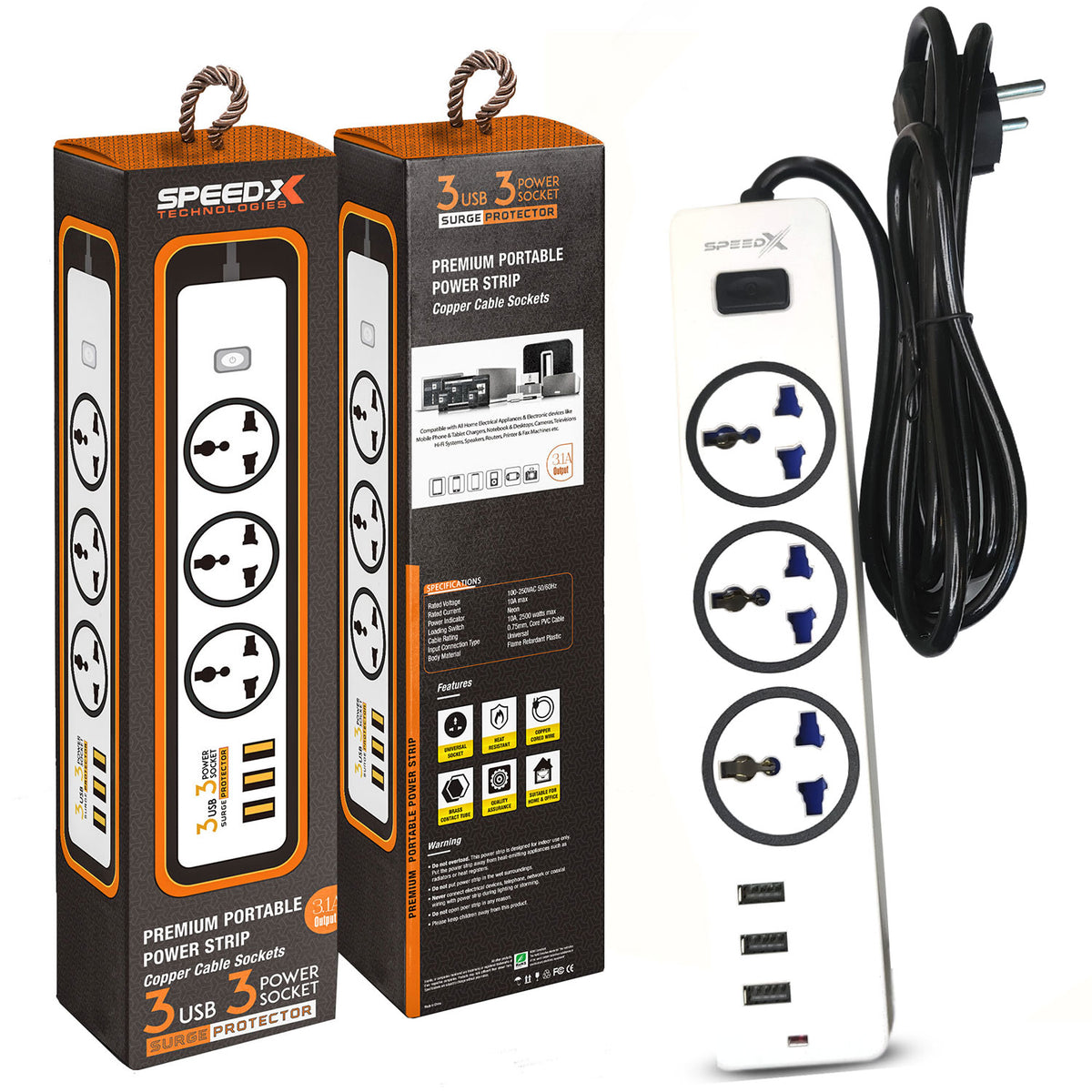 303pu Speed-X Premium Portable Power Strip 3socket+3usb Port CABEL LENGTH 2M