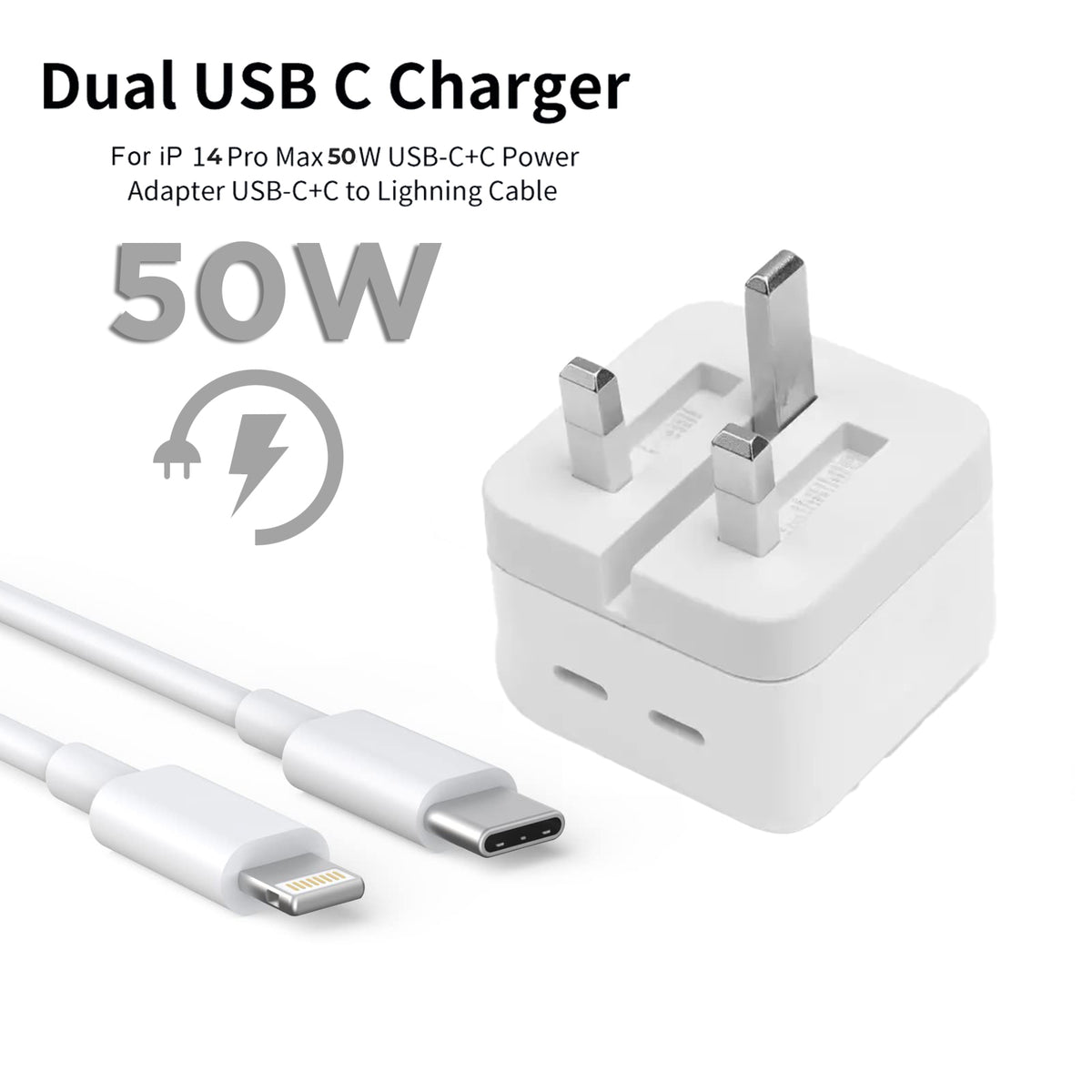 Iphone 14 Pro 3 Pin (uk Pin) 50w Usb-c+c Power Adapter With Usb-c To Lightining Cable