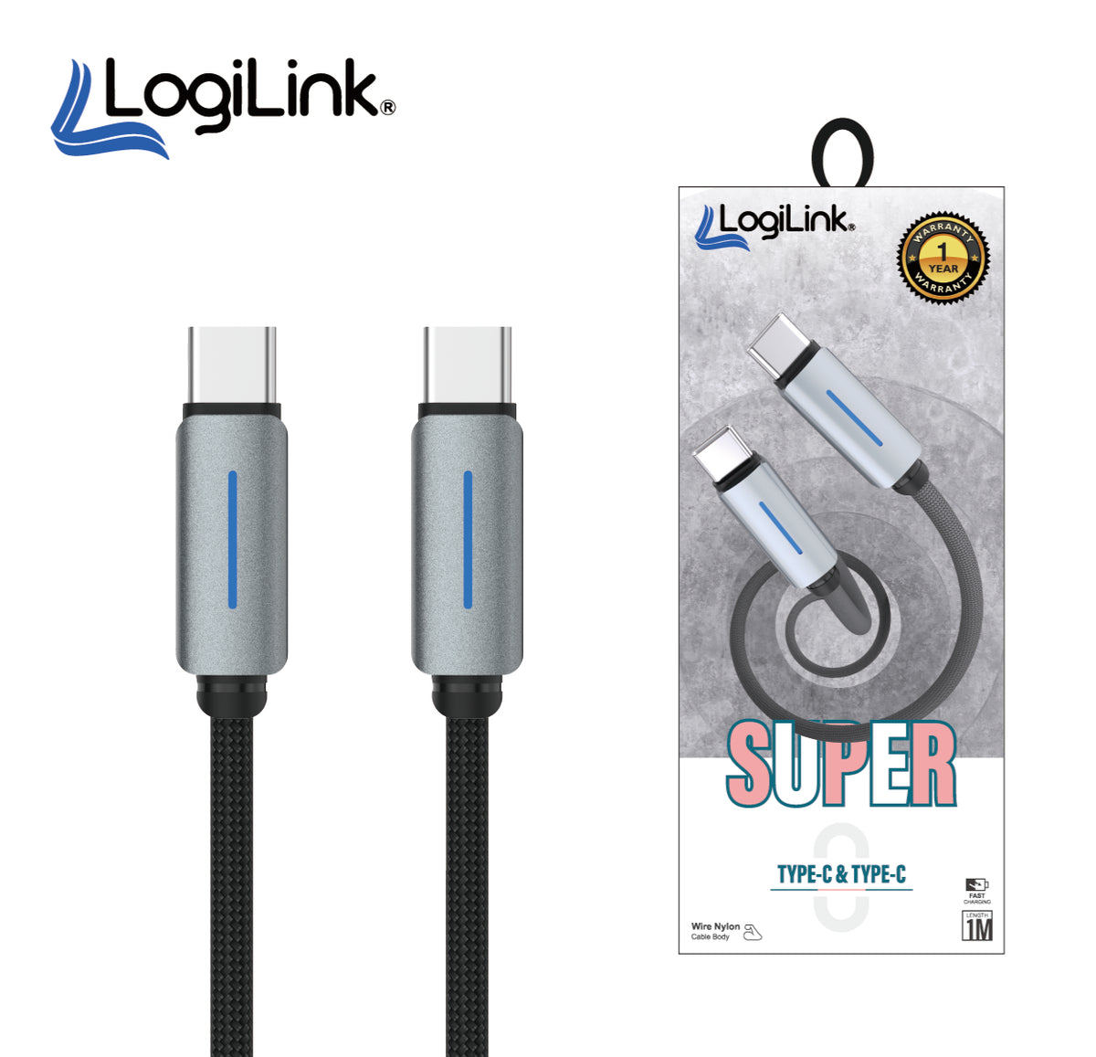LOGILINK TYPE C TO TYPE C NYLON FAST CHARGING DATA CABLE WITH LIGH1M (1 YEAR WARRANTY) BLACK