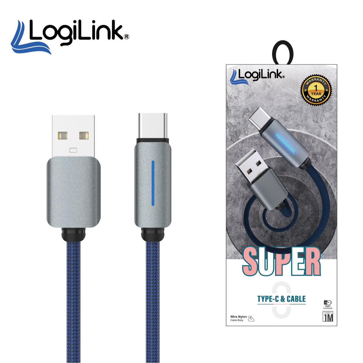 LOGILINK USB TO TYPE C NYLON FAST CHARGING DATA CABLE WITH LIGH 1M (1 YEAR WARRANTY) BLUE